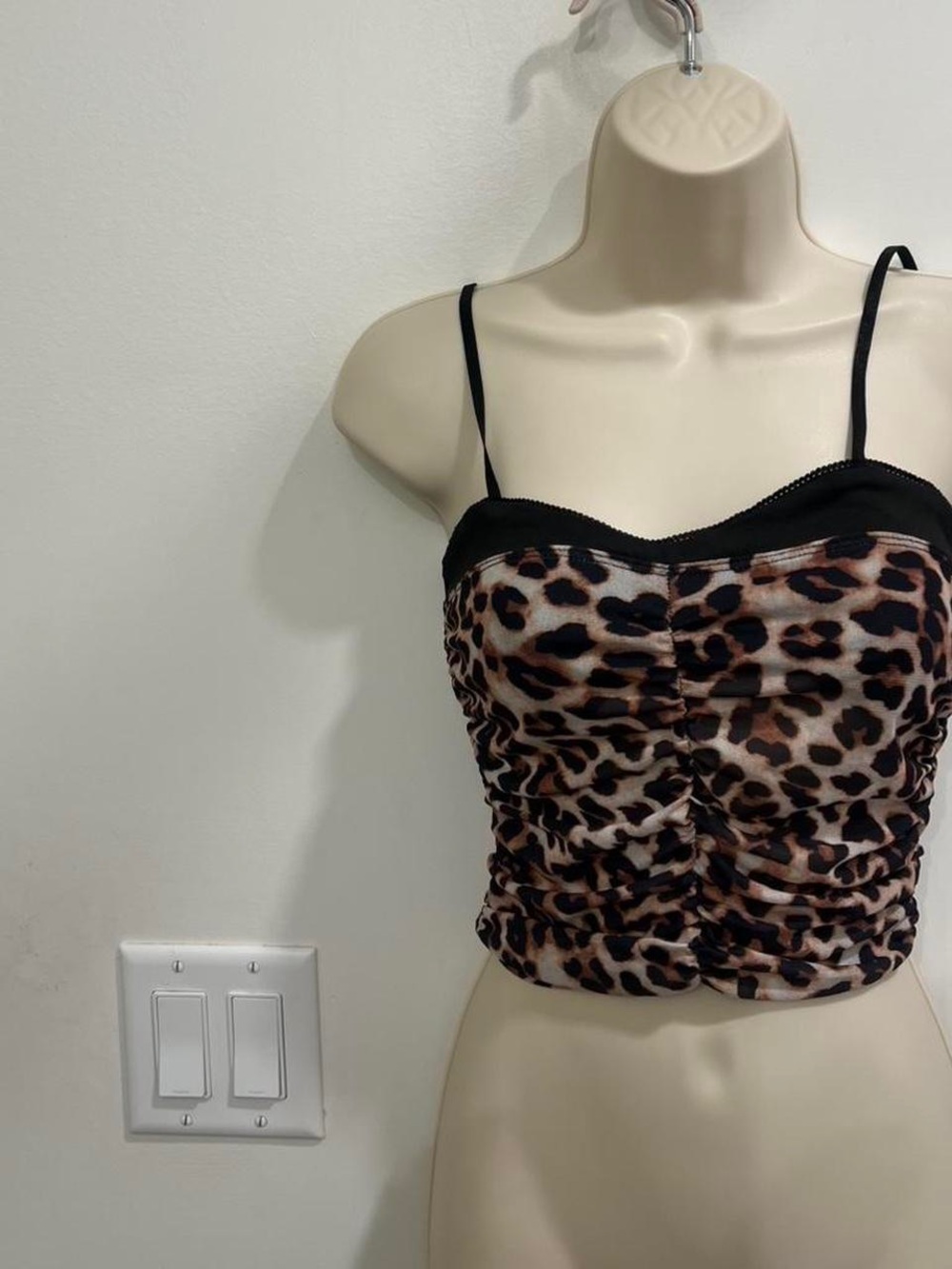 Leopard Print Ruched Cami Tank Top - Black Trim